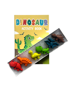 A children's dinosaur activity book with colorful dinosaur crayons on a yellow cover, shown with several small dinosaur-shaped crayons in a white box against a white background.