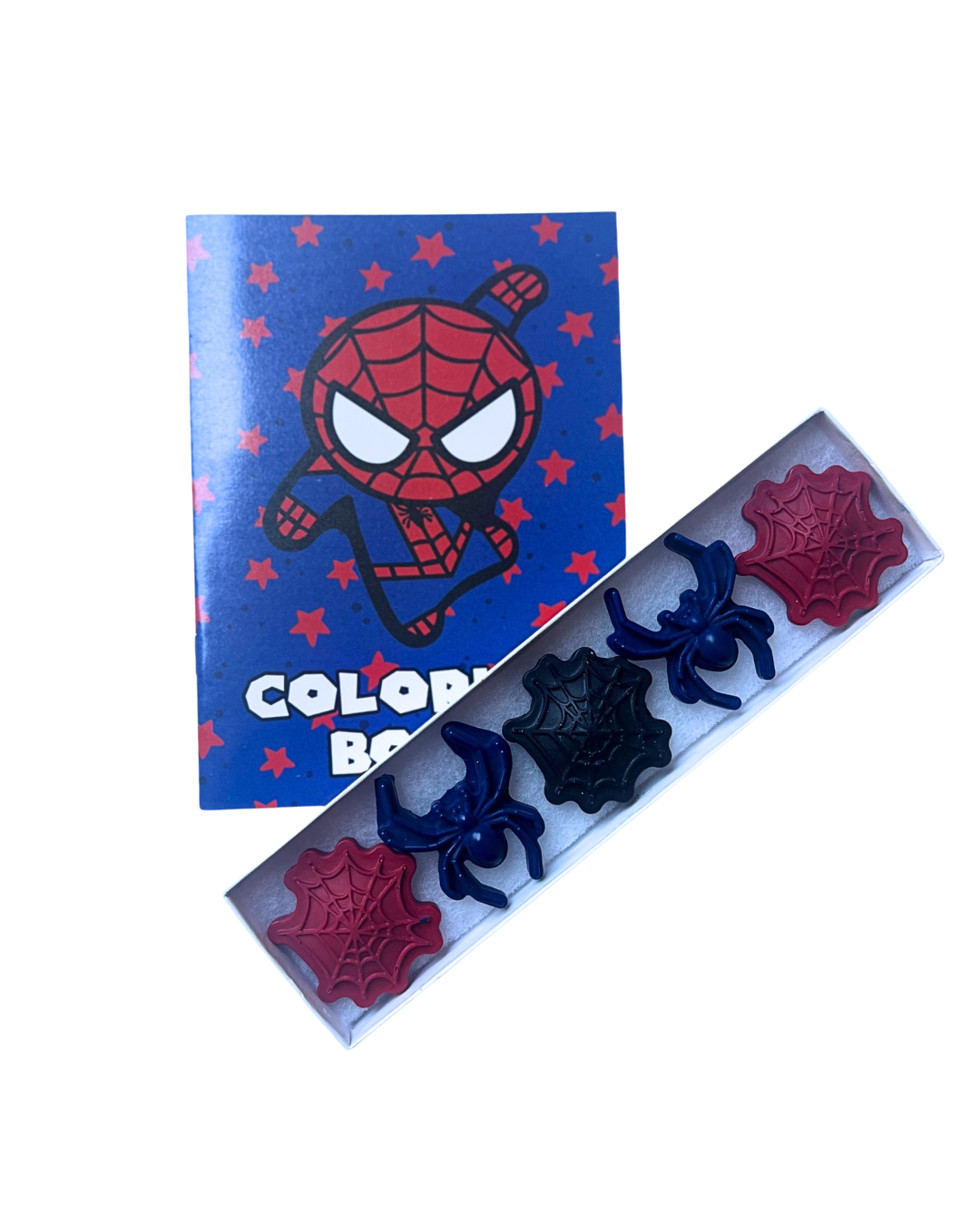 A Spider-Man themed coloring book with a blue cover featuring a cartoon Spider-Man character and the words 'COLORING BOOK', shown next to a white box containing four spider-themed crayons in red, black, and blue